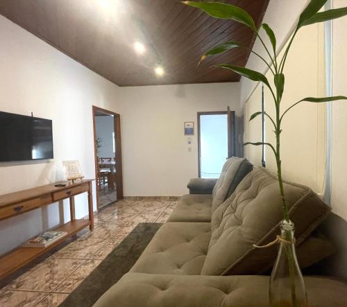 uma sala de estar com um sofá e uma televisão em Casa Jabuticaba a 5 min dos Thermas e Hot Beach em Olímpia