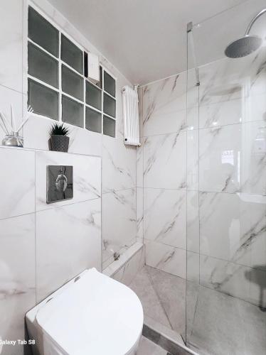 ein weißes Bad mit einer Dusche und einem WC in der Unterkunft X P apartment koukaki perfect place to stay in Athen