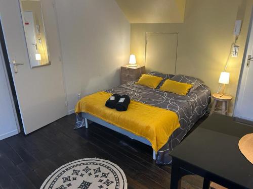 une chambre avec un lit avec une couverture jaune dans l'établissement Le Jaillant - Wifi - Centre Ville historique - Proche Gare, à Troyes