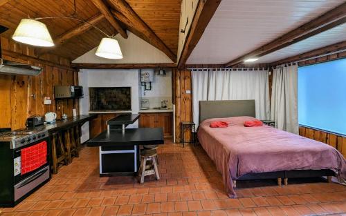 a bedroom with a bed and a desk and a kitchen at EL FURANCHO in San Martín de los Andes