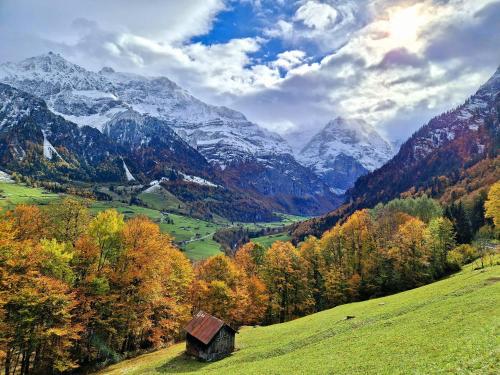 a barn on a hill with mountains in the background at Alpen Apartment -Für Bergfreunde - Unsere kleine Farm ,Ganz einfach -ganz unkompliziert -ganz relaxd in Linthal