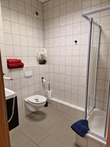 a bathroom with a toilet and a shower at Gästehaus Zur Post Spickermann in Xanten