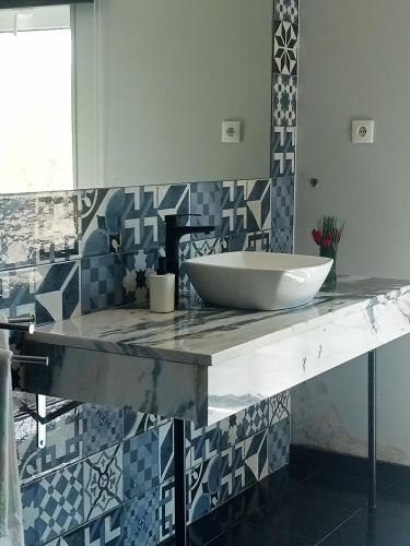 a bathroom with a sink on a counter with blue and white tiles at Douro porto apartamento in Valbom