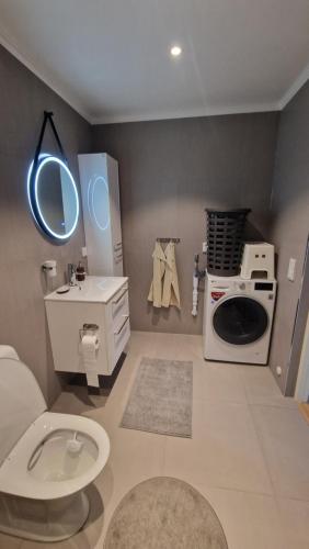 uma casa de banho com um WC, um lavatório e um espelho. em Sjöviks Villa em Växjö