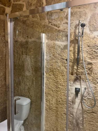 a bathroom with a toilet in a stone wall at '19, Kenn L-Istorja' A remarkable 500 years old house of character in Senglea