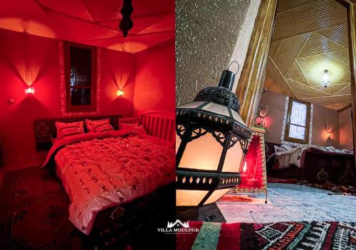 a red bedroom with a bed and a lamp at Villa Mouloud, arougou khenifra in Arrougou