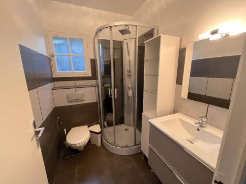 une salle de bain avec une douche, des toilettes et un lavabo dans l'établissement Studio Mezzanine avec Jardin Privatif, Parking et Clim - Saint-Raphaël - FR-1-226A-81, à Saint-Raphaël