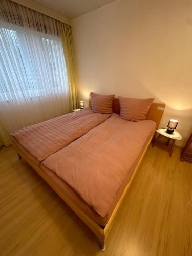 ein großes Bett in einem Schlafzimmer mit Fenster in der Unterkunft Gemütliches Appartement - WBS in Goldkronach