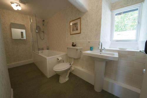 a bathroom with a toilet and a sink and a shower at Crag Cottage in Coniston