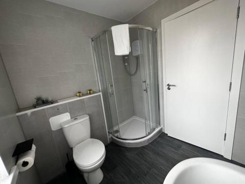 a bathroom with a shower and a toilet and a sink at Tropical 1 Bdr Apt W Sofa Bed & Parking In B'ham in Birmingham
