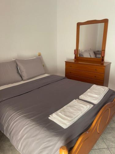a bedroom with a bed with a dresser and a mirror at Trikala Comfort Stay in Tríkala