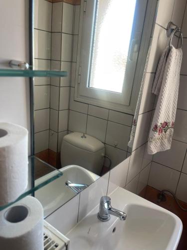 a bathroom with a sink and a toilet and a mirror at Trikala Comfort Stay in Tríkala