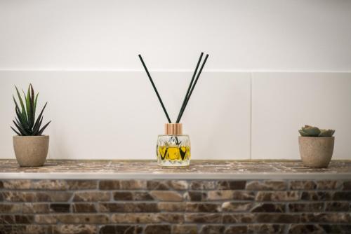 two plants in a glass vase on a brick counter at FREE LIVING - City Design Apartments, Zentrum, Outlet, Balkon, Küche in Wolfsburg