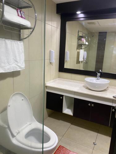 uma casa de banho com um WC e um lavatório em Suite Torre Bellini em Guayaquil