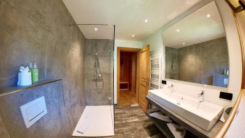 a bathroom with a shower and a sink and a mirror at Feuriger Tatzlwurm in Oberaudorf