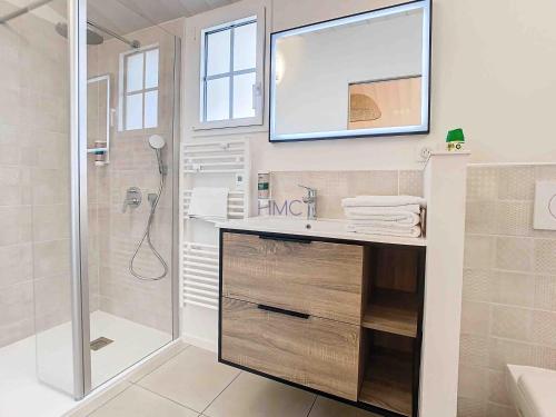 uma casa de banho com um lavatório e um chuveiro com um espelho. em La Tranquillité em LʼHerbaudière