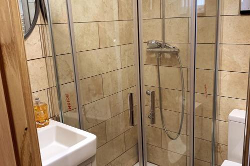 a bathroom with a shower and a sink at Stylish and Cosy 3 Bedroom Appartment in London