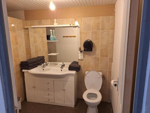 a bathroom with a white sink and a toilet at Agréable Studio tout équipé in Montsoué