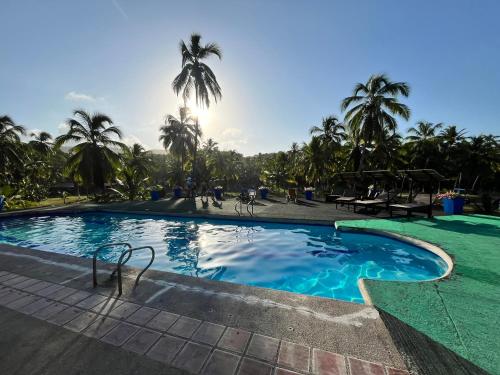 una gran piscina con palmeras en el fondo en CASA DE CAMPO CASTILLETE dentro del PARQUE TAYRONA en Santa Marta