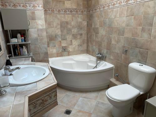 a bathroom with a tub and a toilet and a sink at Villa Ariadni in Patra