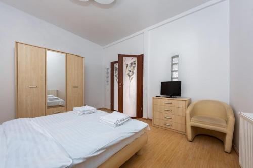 a bedroom with a bed and a chair and a television at Central Apartament Predeal Nr 6 in Predeal