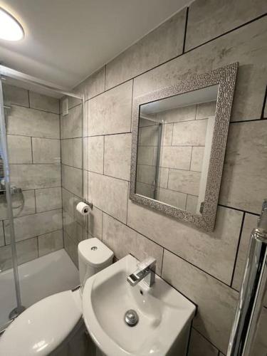 a bathroom with a sink and a toilet and a mirror at Citrine - Executive London Garden Flat in South Norwood