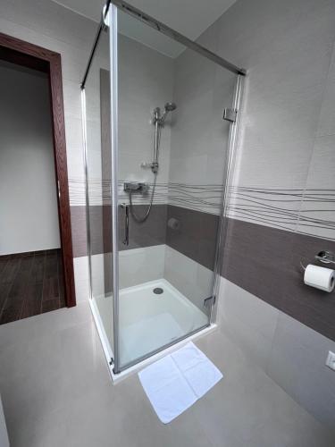 a shower with a glass door in a bathroom at Apartmány Siesta in Poľný Kesov