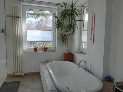 uma banheira branca na casa de banho com 2 janelas em Domizil Koblenz em Koblenz