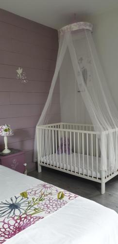 a crib with a canopy in a room at Gîte d'Anne et Ulysse in Sept-Frères