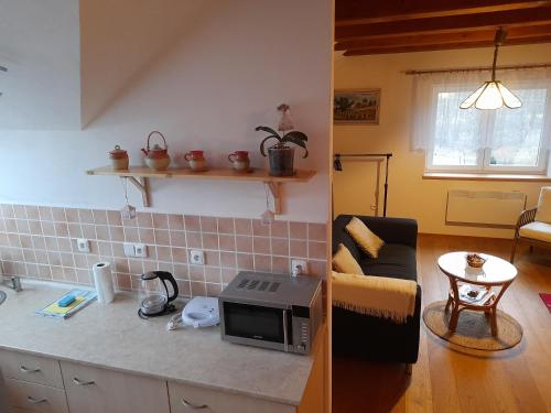 uma cozinha e uma sala de estar com um micro-ondas em Apartmán u potoka em Nové Město na Moravě