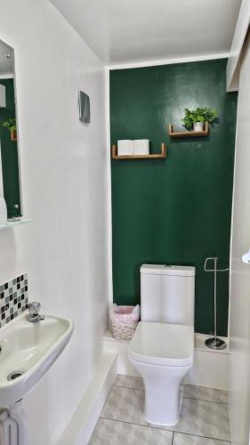 a bathroom with a white toilet and a green wall at Heatherlie House Hotel in Selkirk