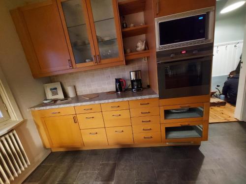 a kitchen with wooden cabinets and a microwave and a tv at Sjögatan 21, in Gränna