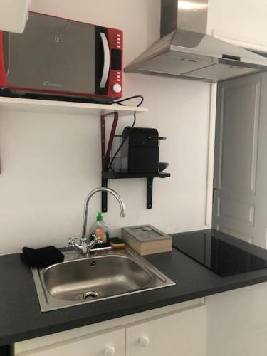 un comptoir de cuisine avec un évier et un micro-ondes dans l'établissement Studio cosy en plein centre-ville, à Cannes