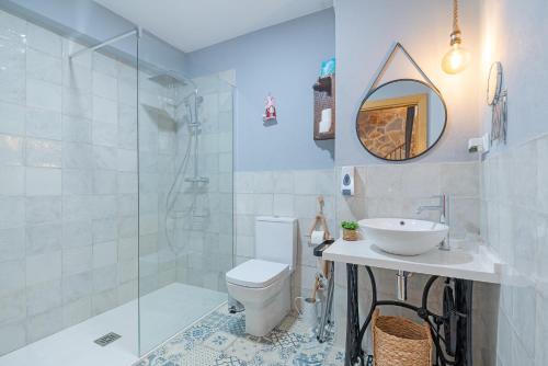a bathroom with a shower and a toilet and a sink at Casa Rural La Chopera del Jerte in Jerte
