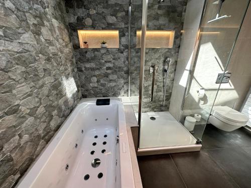 施利爾塞的住宿－AlpenOase - Schliersee，带浴缸、淋浴和卫生间的浴室