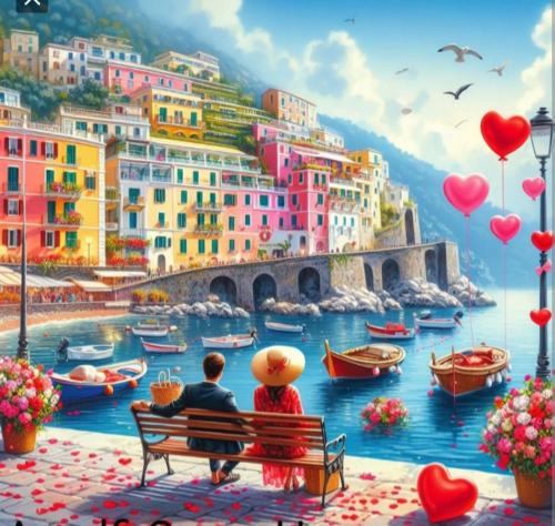 a couple sitting on a bench in front of a painting at Amalfi Rooms Duoglio Beach -amazing seaview in Amalfi