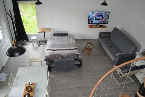 a living room with a bed and a couch at Joinville : Grange entièrement rénovée style loft. in Joinville