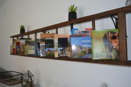 a shelf filled with books on a wall at Joinville : Grange entièrement rénovée style loft. in Joinville