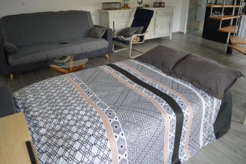 a living room with a couch and a bed at Joinville : Grange entièrement rénovée style loft. in Joinville
