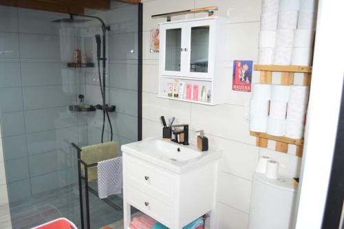 a bathroom with a white sink and a shower at Joinville : Grange entièrement rénovée style loft. in Joinville