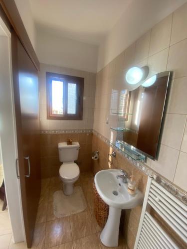 a bathroom with a toilet and a sink and a mirror at Villa Ariadni in Pissouri