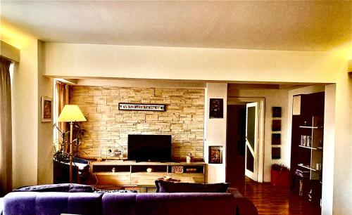 uma sala de estar com um sofá e uma televisão em Residence V em Bucareste