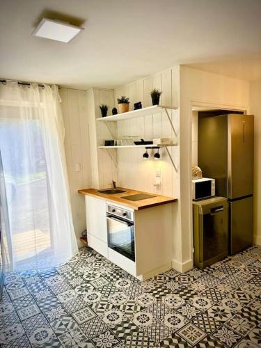 een keuken met een aanrecht en een koelkast bij Appartement dans maison in Tassin-la-Demi-Lune