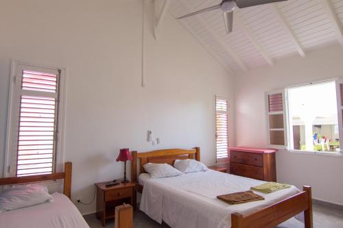 a white bedroom with two beds and two windows at Gites de beauséjour in Beauséjour