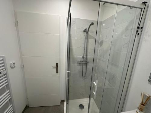 une douche avec une porte vitrée dans une salle de bain dans l'établissement A la broche - 293, à Rouen