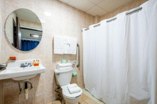 a bathroom with a toilet and a sink and a mirror at West Coast Inn's in Boqueron