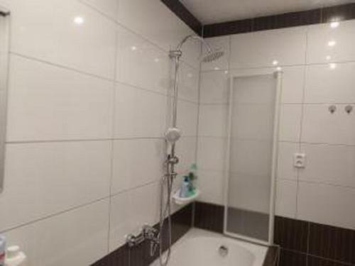 Das Bad ist mit einer Dusche und einer Badewanne ausgestattet. in der Unterkunft Apartmán u Petrů 1 in Jáchymov