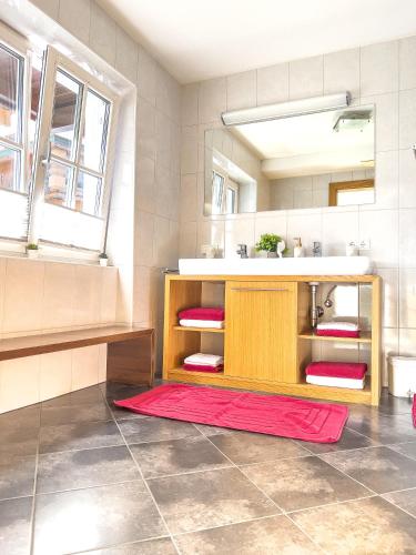 a bathroom with a sink and a mirror at Landhaus Maria in Hippach