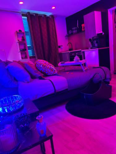 une chambre violette avec un lit et un canapé dans l'établissement MJ Lust Room, centre var proche Verdon, cotignac, ambiance romantique, à Montfort-sur-Argens