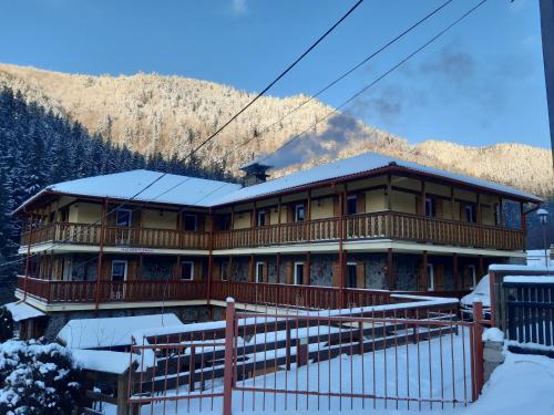 a large wooden house with snow on the roof at Natura Tusnad in Băile Tuşnad